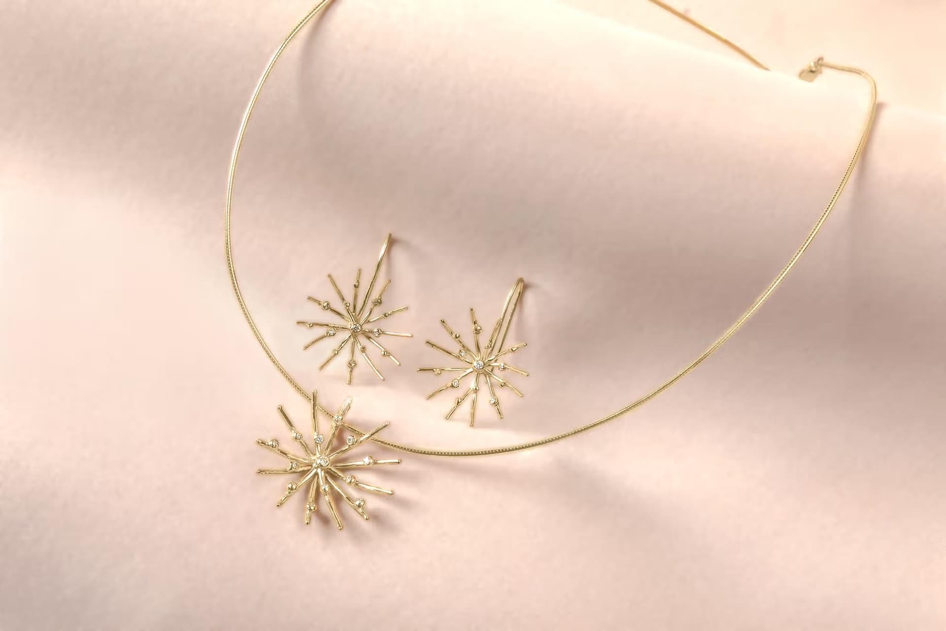 Goud, oorbellen, hanger, diamanten, sneeuwvlok